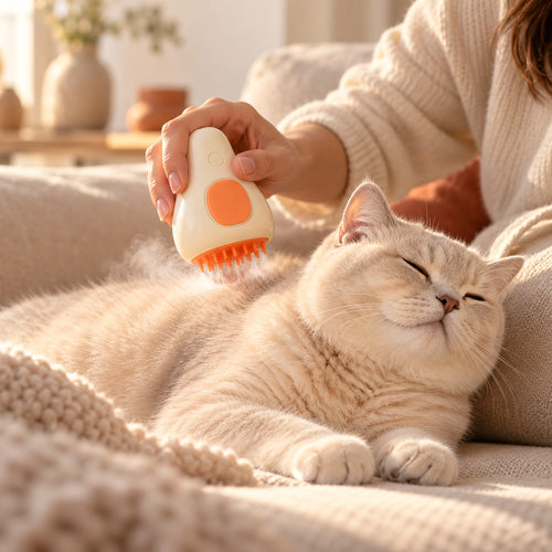 Chat British Shorthair détendu pendant un brossage avec la brosse vapeur Le Chat Serein