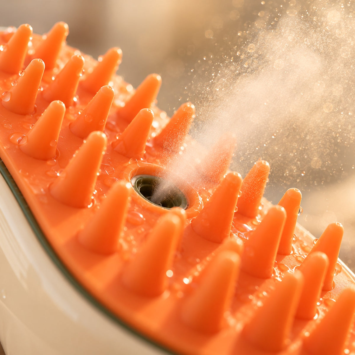 Gros plan sur les picots en silicone et la brume fine de la brosse vapeur
