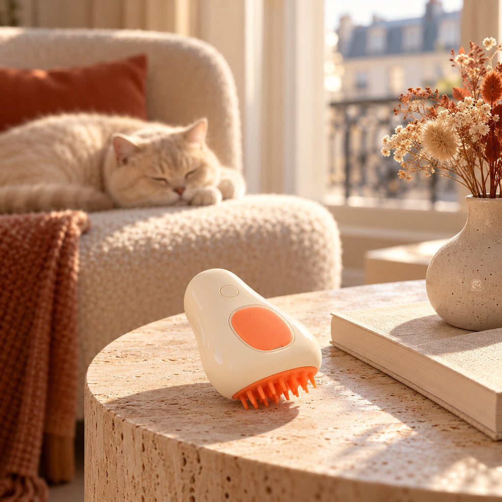 Brosse vapeur Le Chat Serein posée sur une table en travertin, chat endormi en arrière-plan