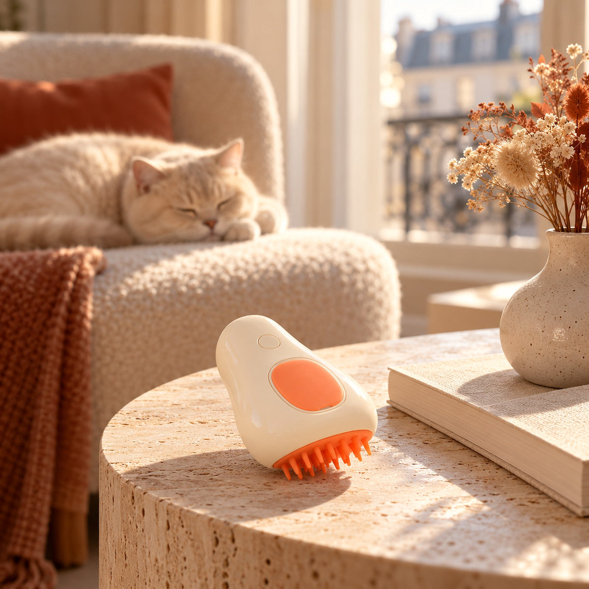 Brosse vapeur Le Chat Serein posée sur une table en travertin, chat endormi en arrière-plan