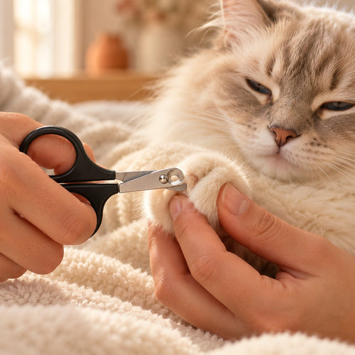 Coupe des griffes en douceur sur un chat crème détendu avec les ciseaux Le Chat Serein