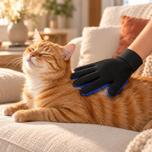 Main gantée caressant le dos d'un chat roux, picots du gant contre le pelage
