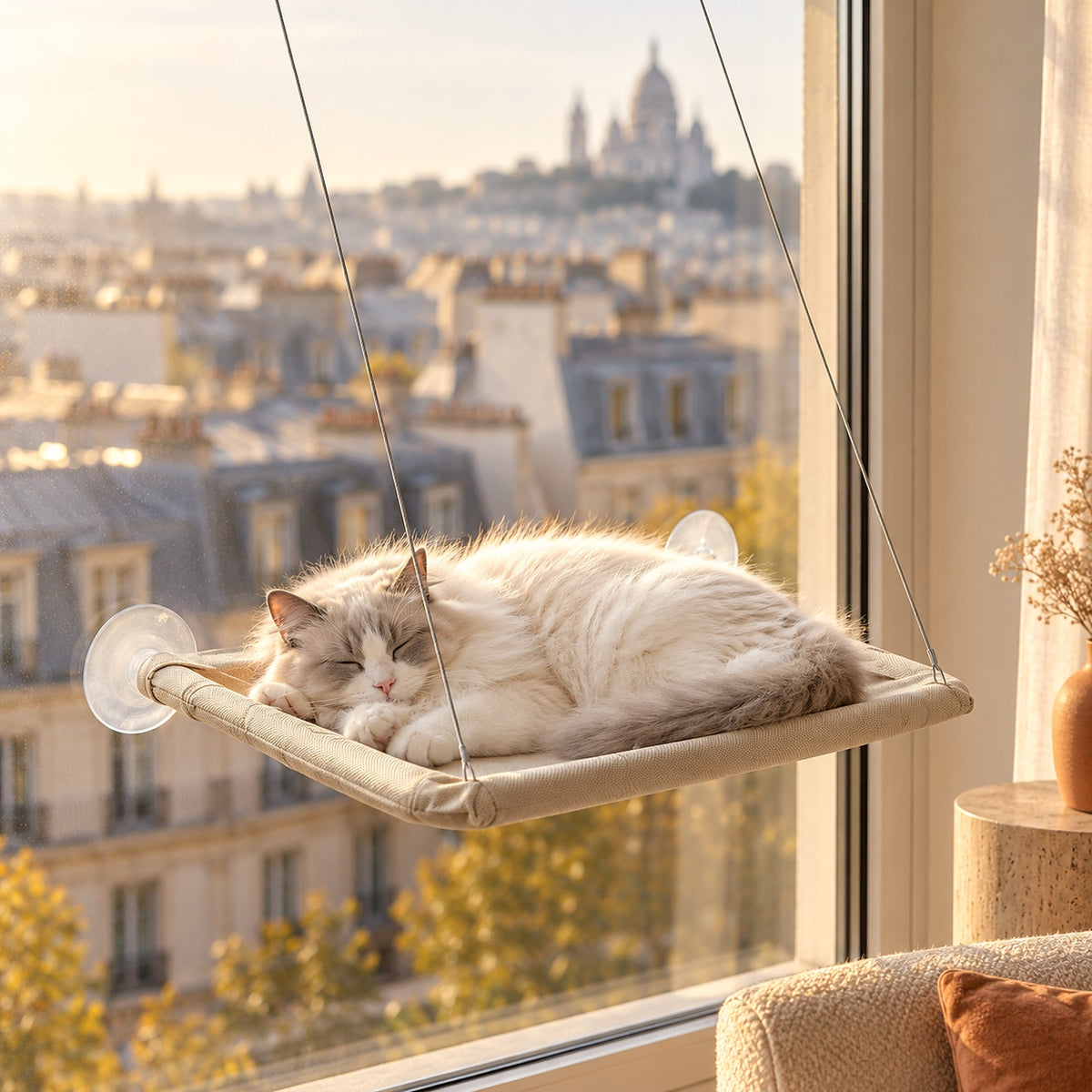 Chat Ragdoll endormi au soleil dans le hamac de fenêtre Le Chat Serein, toits de Paris en arrière-plan