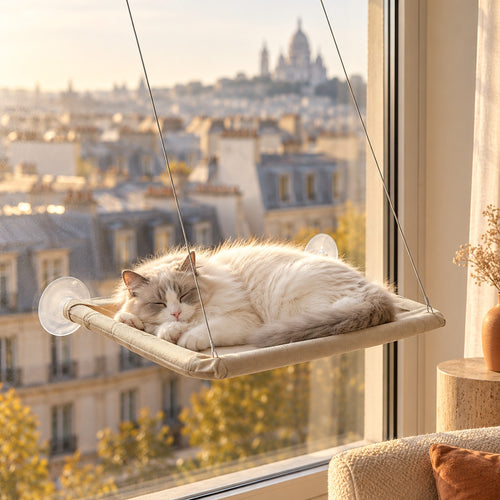 Chat Ragdoll endormi au soleil dans le hamac de fenêtre Le Chat Serein, toits de Paris en arrière-plan