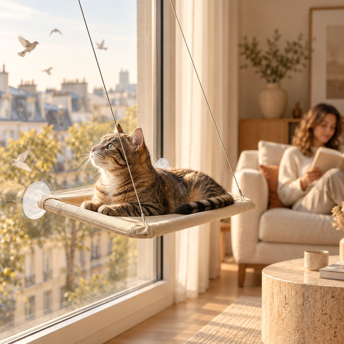 Chat tigré qui observe les oiseaux depuis le hamac de fenêtre Le Chat Serein