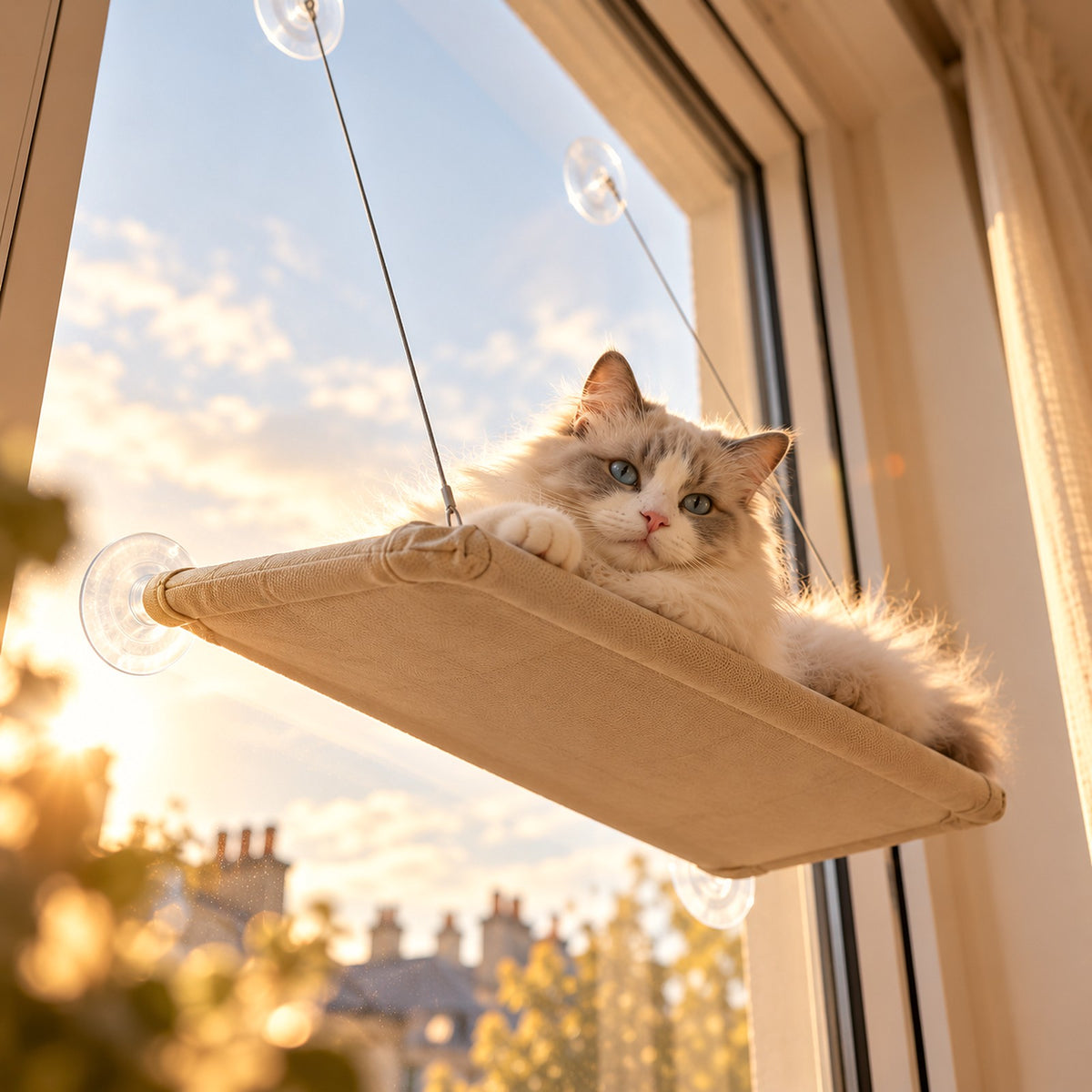 Hamac de fenêtre vu en contre-plongée, câbles et ventouses fixés sur la vitre, chat installé