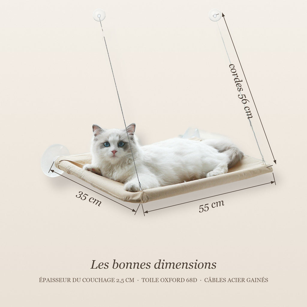 Dimensions du hamac de fenêtre : 55 x 35 cm, câbles de 56 cm