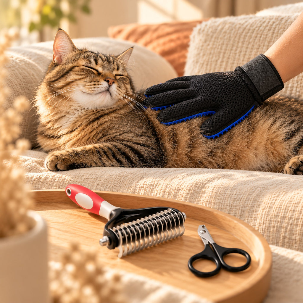 Chat tigré caressé avec le gant du kit, picots contre le pelage, peigne et ciseaux sur un plateau en chêne