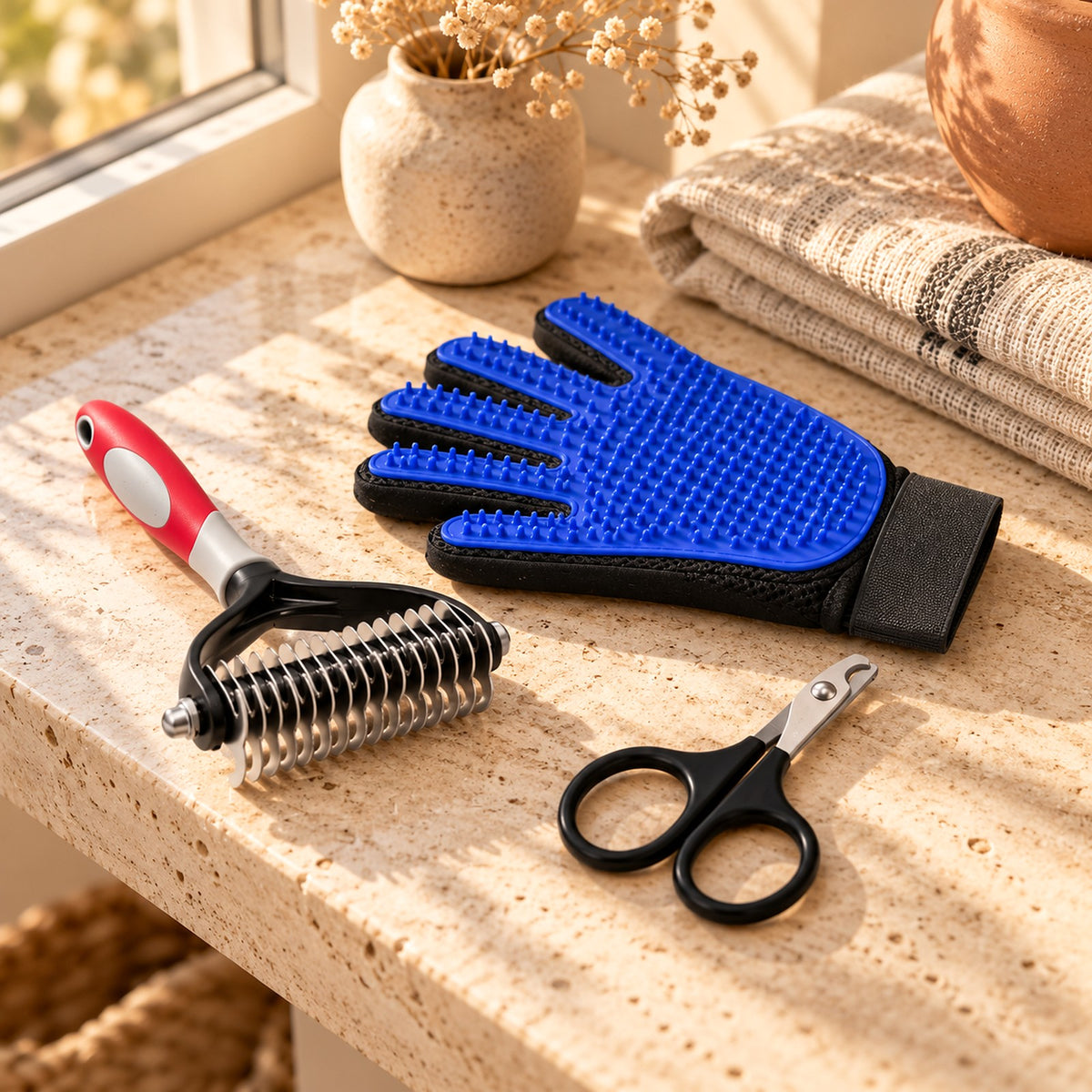 Les trois accessoires du kit toilettage posés sur une tablette en travertin