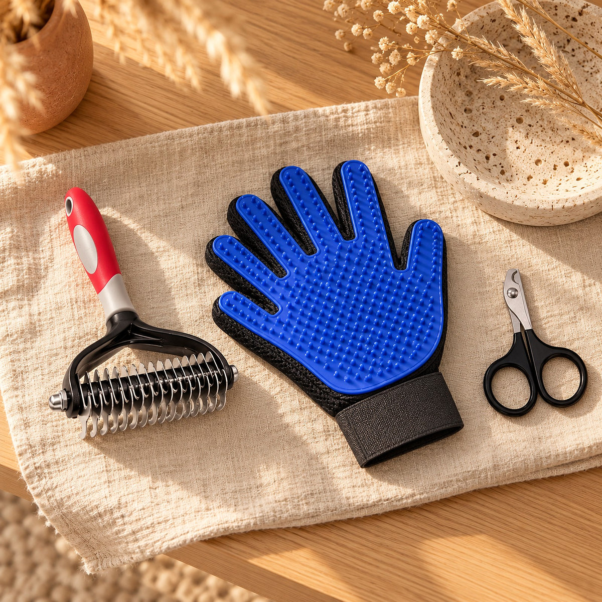 Kit toilettage Le Chat Serein : peigne démêloir, gant de toilettage et ciseaux coupe-griffes